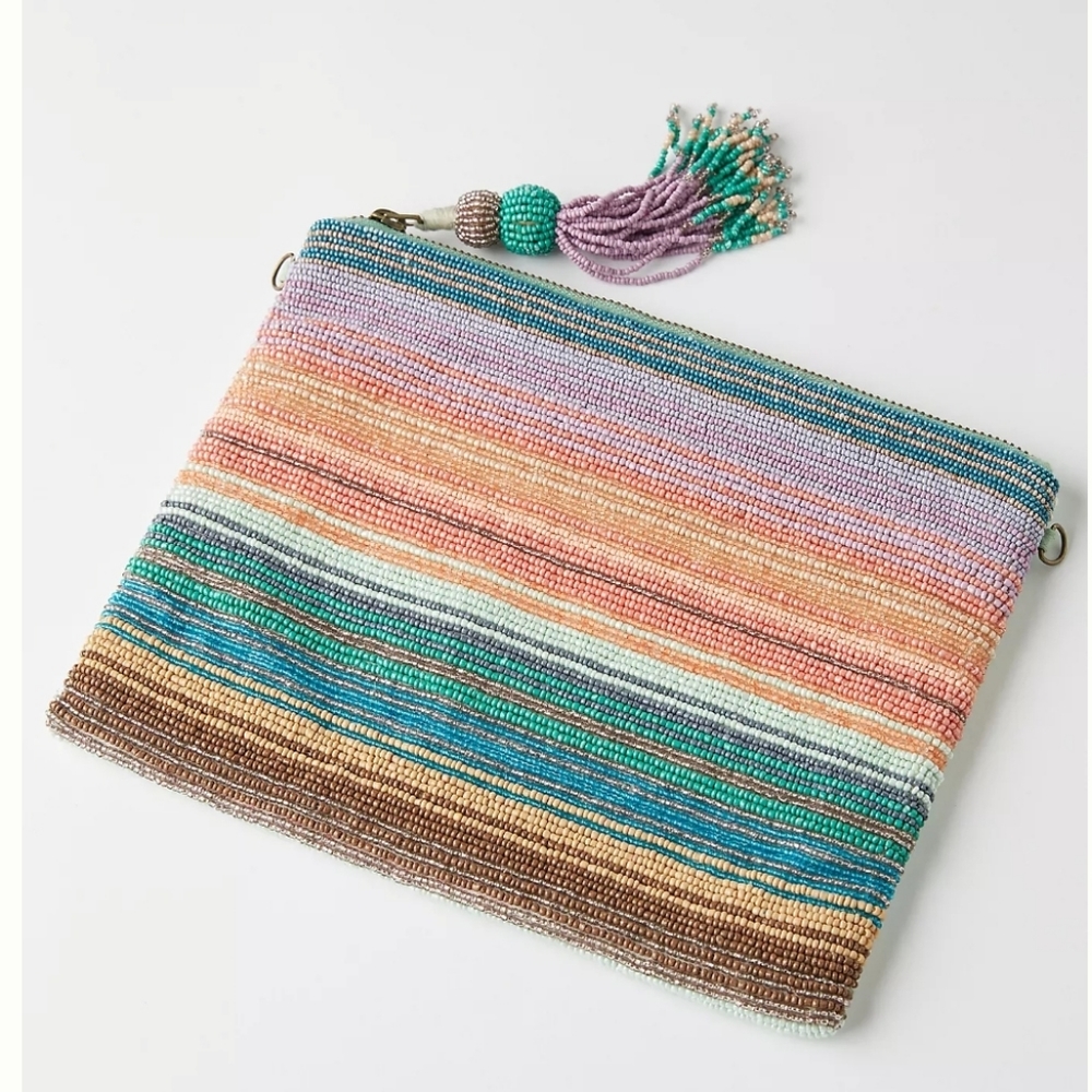 Anthropologie Aurore Beaded Clutch- pink + stripes - Picture 1 of 7